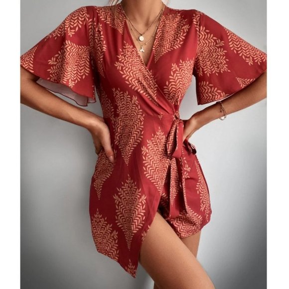 . Pants - Boho Tropical Print Butterfly Sleeved Mini Romper burgundy red